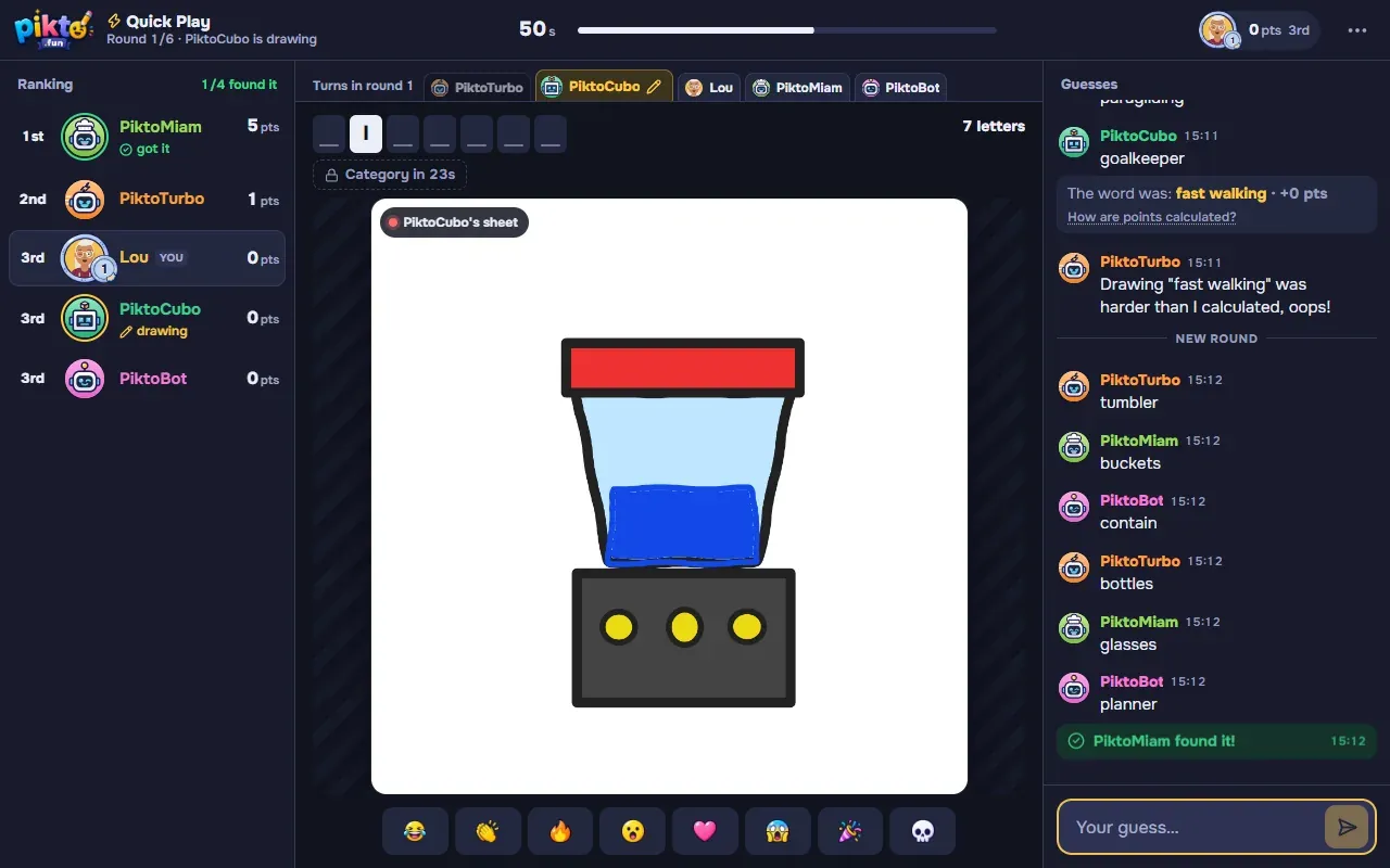 Partida em andamento: PiktoCubo desenha, os bots de IA dão seus palpites no chat e PiktoMiam acerta