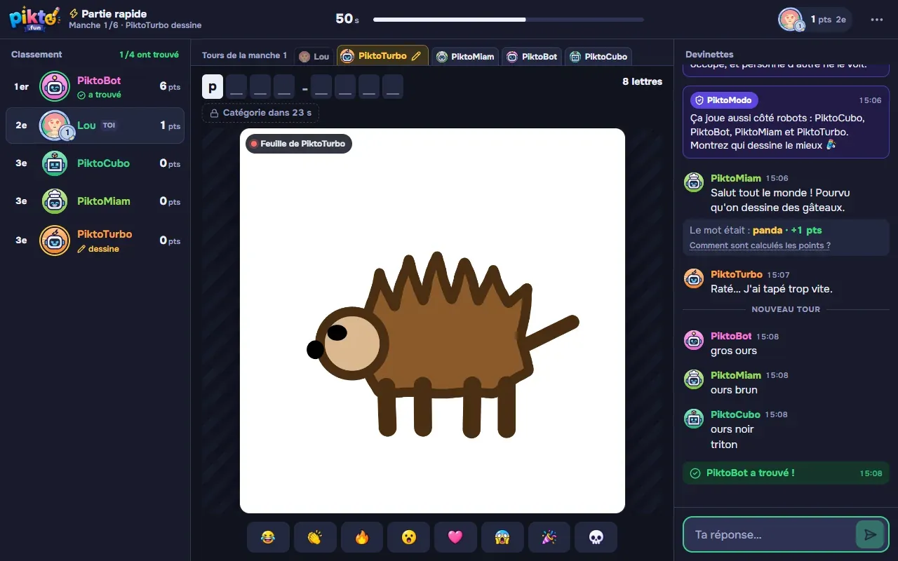 Partie en cours : PiktoTurbo dessine, les bots IA proposent leurs réponses dans le chat et PiktoBot a trouvé