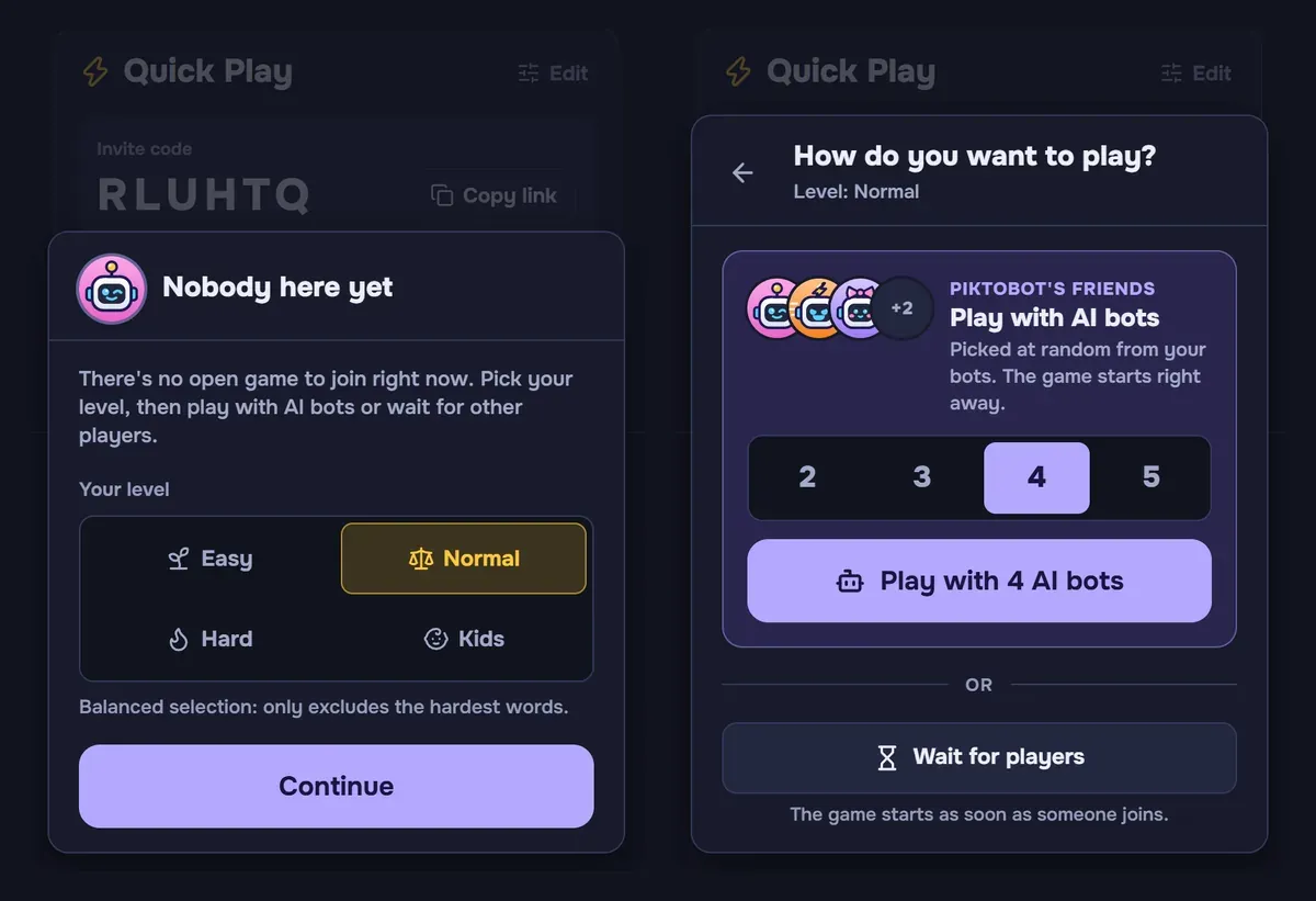 Janela do Jogo Rápido: escolha do nível e depois Como você quer jogar? com 4 bots de IA