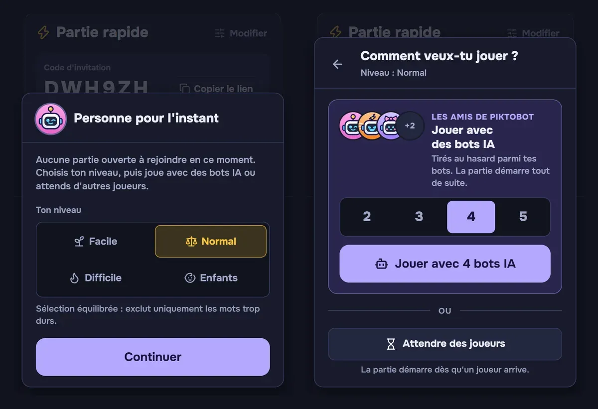 Fenêtre de partie rapide : choix du niveau, puis « Comment veux-tu jouer ? » avec 4 bots IA