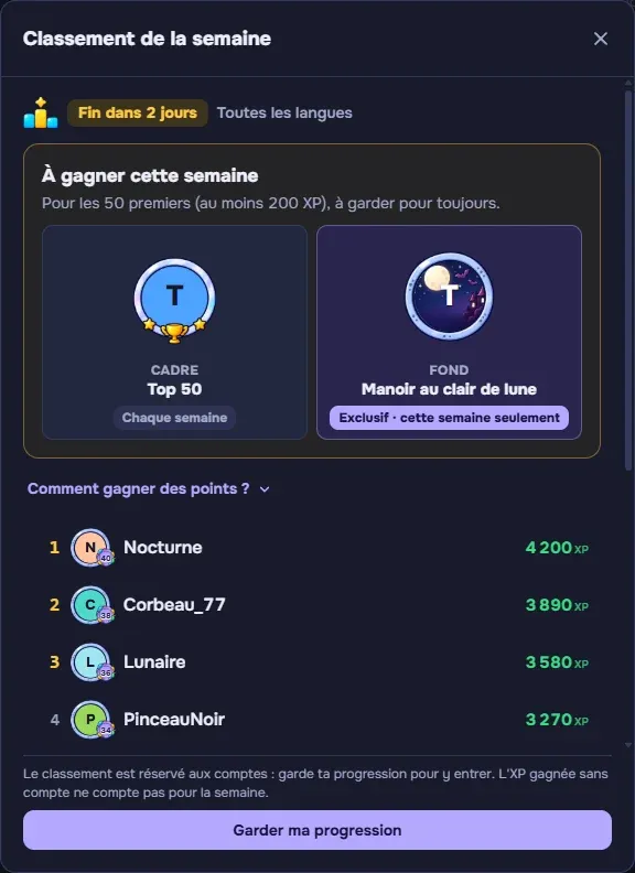 Classement de la semaine : le cadre « Top 50 » et le fond exclusif « Manoir au clair de lune », côte à côte sur l’avatar